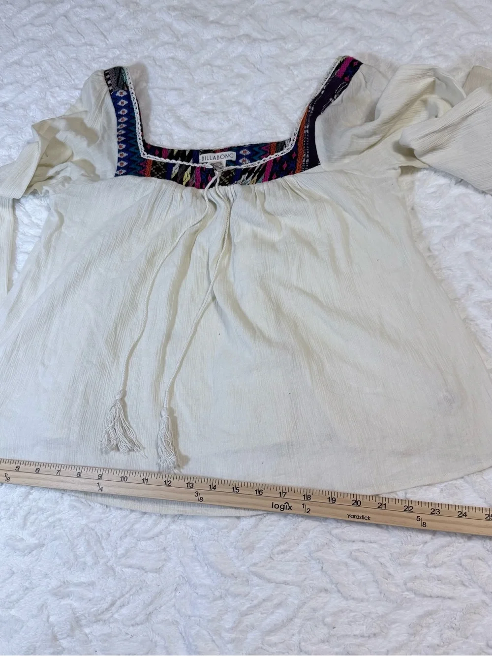 Billabong White Peasant Blouse with Multicolor Embroidered Square Neck- Size L - Picture 10 of 15